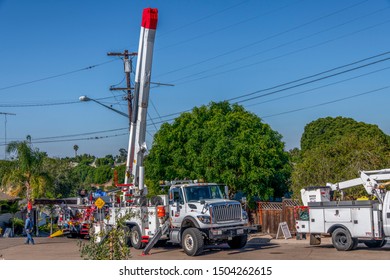 SAN DIEGO, CALIFORNIA- SEPT 9,  2019: Truck From San Diego Gas And Electric Company Getting Ready To Change An Electric Post In San Diego Area. 