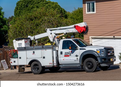 SAN DIEGO, CALIFORNIA- SEPT 9,  2019: Truck From San Diego Gas And Electric Company Getting Ready To Change An Electric Post In San Diego Area. 