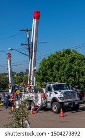 SAN DIEGO, CALIFORNIA- SEPT 9,  2019: Truck From San Diego Gas And Electric Company Getting Ready To Change An Electric Post In San Diego Area. 