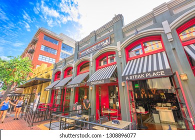 San Diego, California, United States - July 31, 2018: Gaslamp Strip Club And Steakhouse On Fifth Avenue, The Main Street Of Gaslamp Quarter, Historic District Of San Diego Downtown. Street View.