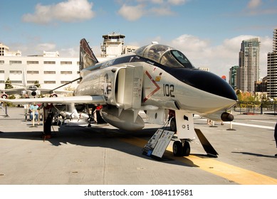 SAN DIEGO, CALIFORNIA, USA - APRIL 2009: F4 Phantom Fighter Jet On The Aircraft Carrier USS Midway, Which Is Now A Floating Museum At The City’s Navy Pier