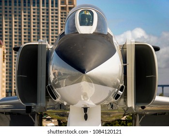 SAN DIEGO, CALIFORNIA, USA - APRIL 2009: Close Up Head On View Of A F4 Phantom Fighter Jet On The Aircraft Carrier USS Midway, Which Is Now A Floating Museum At The City’s Navy Pier