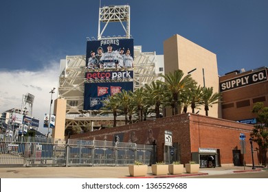 San Diego, California, USA – August 1, 2017: Horizontal shot of the Petco Park (San Diego Padres baseball Park) exterior with billboards of players’ photographs, Tony Gwynn Drive, East Village