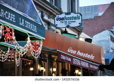 SAN DIEGO, CALIFORNIA / USA - DECEMBER 3 2009: Entrance to USA Hostels with awning at 726 5th Ave in Gaslamp entertainment quarter.