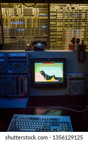 San Diego, California, USA – July 31, 2017: Vertical Shot Of The USS Midway Aircraft Carrier Command Information Center, Navy Pier