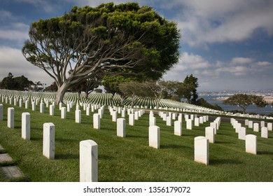 San Diego, California, USA – July 31, 2017: Horizontal Panoramic View Of The Beautiful Veterans Fort Rosecrans National Cemetery, Naval Base Point Loma