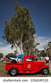 San Diego, California, USA – July 30, 2017: Vertical shot of a red Texaco Towing service truck in a vintage car fair ay the Marina 