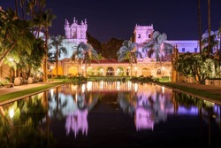 San Diego, California, USA Plaza Fountain At Night In The Prado.