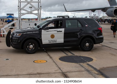 San Diego, California / USA -  September 29, 2019: San Diego Police Patrol Unit Making A Presence For Community Outreach And Visitor Safety At The MCAS Miramar Air Show.