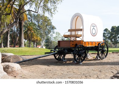 SAN DIEGO, CALIFORNIA/USA - MARCH 31, 2018:  Restored Covered Wagon Outside The Santa Margarita Ranch House On Marine Corps Base Camp Pendleton. 