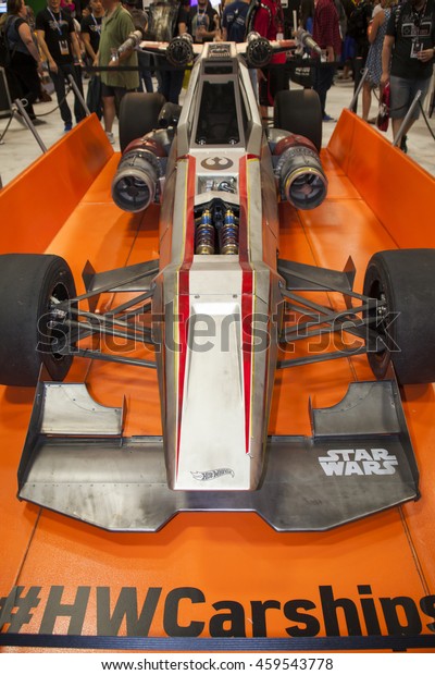 SAN DIEGO COMIC CON: July 20, 2016. An X-Wing\
Fighter from the Star Wars films inspired this race car by Mattel\
at the annual pop culture and entertainment convention in San\
Diego, California.