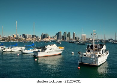 San Diego Downtown With Boat In Bay