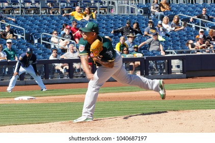 San Diego Padres Cactus League, Frankie Montas , Pitcher For The Oakland Athletics At Peoria Stadium In Peoria , Arizona USA March 4th 2018.