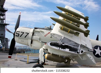 SAN DIEGO - SEPT 9: An A-1 Skyraider Jet On The Deck Of The USS Midway In San Diego California On September 9, 2012. The USS Midway Was Active In The Vietnam War And In Operation Desert Storm.