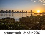 San Diego, skyline, sunrise, Coronado Bridge, Coronado Island, California, cityscape, waterfront, skyline silhouette, urban landscape, coastal, harbor, bay, morning light, dawn, golden hour, reflect