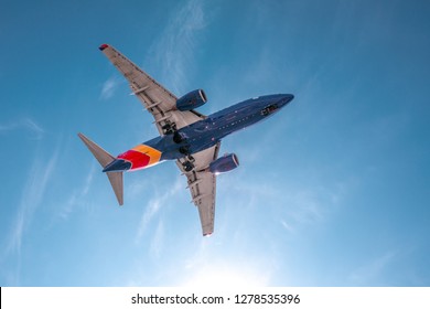 San Diego, USA, 2018. Aviation, travel, air transportation concept. Southwest airlines airplane in blue sky