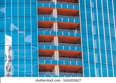 San Diego, USA, 2018. Closeup View On Blue Windows Of Modern Office Building. Commercial Real Estate Business, Office Lease, Rent Concept