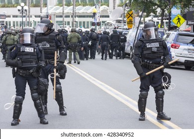 SAN DIEGO, USA - MAY 27, 2016: Riot Police In Full Tactical Gear Guard The Street To The Protest Area Outside A Trump Rally In San Diego.