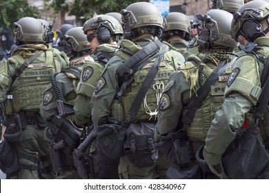 SAN DIEGO, USA - MAY 27, 2016: Riot Police Stand In Formation Ready To Confront Protesters At An Anti-Trump Rally At The San Diego Convention Center