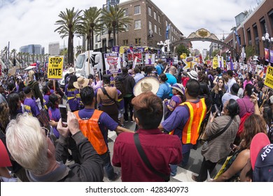 SAN DIEGO, USA - MAY 27, 2016: The anti-Trump demonstration in San Diego attracts hundreds of protesters to speak their voice outside a Trump rally at the convention center.