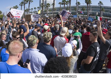 SAN DIEGO, USA - MAY 27, 2016: Trump supporters gather to confront a rather vulgar crowd of anti-Trump protesters after a Trump rally at the San Diego convention center.