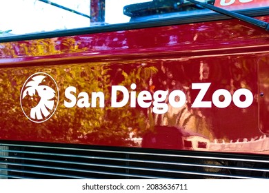 San Diego Zoo Sign, Logo On The Side Of A Red Tour Bus - San Diego, California, USA - 2021