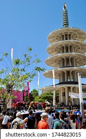 San Francisco - 2016: Crowd Gathers Near SF Peace Pagoda In Peace Plaza For Northern California Cherry Blossom Festival In The Japantown (Nihonmachi) Neighborhood. Large Celebration Of Asian Culture