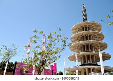 San Francisco - 2016: SF Peace Pagoda, A Five-tiered Stupa, In Peace Plaza For Northern California Cherry Blossom Festival In The Japantown (Nihonmachi) Neighborhood. Designed By Yoshiro Taniguchi.