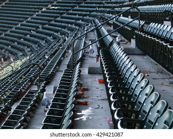 SAN FRANCISCO - AUGUST 12: Seagulls Roam The Upper Deck For Food After The Ending Of A Baseball Game After Fans Have Left The Ballpark.  August 12  2010 Att Park San Francisco California. 