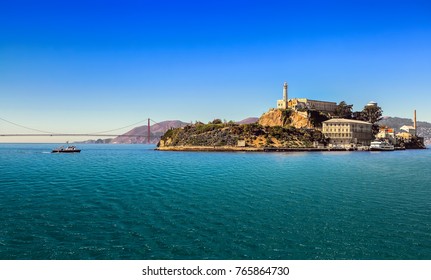 San Francisco Bay With Alcatraz Island  And Golden Gate Bridge  On Sunny Day
