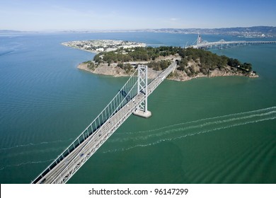 San Francisco Bay bridge traffic aerial view w Treasure Island