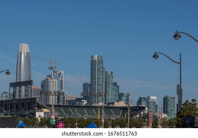 San Francisco, Ca. 03/18/2020 Downtown View Of The City And Oracle Baseball Park SF Giants Stadiumon A Nice Day For A Baseball Game