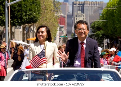 San Francisco, CA - April 21, 2019: Tomomich Saito, Japan Chamber Of Commerce, In The 52nd Annual Cherry Blossom Festival Grand Parade. One Of The 10 Best Cherry Blossom Festivals In The World.