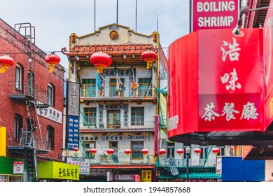 SAN FRANCISCO, CA - APRIL 24,2018: San Francisco's beautiful China Town. Chinese lanterns hang between buildings