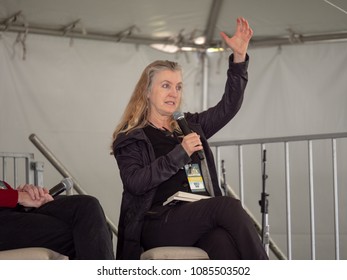 SAN FRANCISCO, CA – APRIL 29, 2018: Rebecca Solnit speaking at 2018 Bay Area Book Fest at a panel about smart and modern activism.