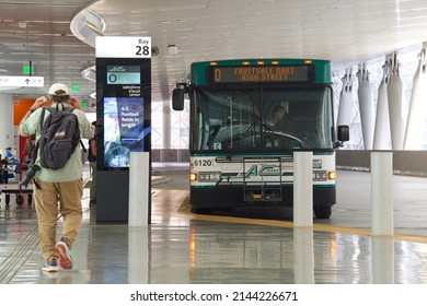 San Francisco, CA - April 7, 2022:Bus Preparing For Departure From The Sales Force Transit Center. The Primary Bus Terminal, And Potentially As A Future Rail Terminal, For The Bay Area.