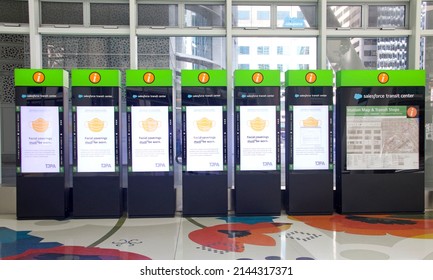 San Francisco, CA - April 7, 2022: Information Terminals Line The Walkway At The Sales Force Transit Center. The Primary Bus Terminal, And Potentially As A Future Rail Terminal, For The Bay Area.