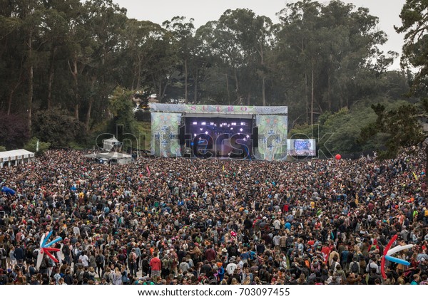 SAN FRANCISCO, CA - AUGUST 12, 2017: Fans \
watching the Vance Joy at the Sutro stage at the Outside Lands\
Music and Arts Festival at Golden Gate Park on August 12, 2017 in\
San Francisco, California.