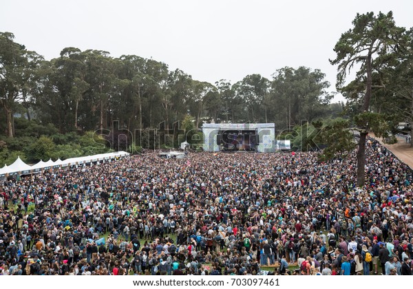 SAN FRANCISCO, CA - AUGUST 12, 2017: Fans \
watching the Vance Joy at the Sutro stage at the Outside Lands\
Music and Arts Festival at Golden Gate Park on August 12, 2017 in\
San Francisco, California.
