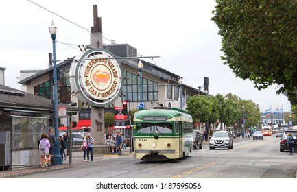 San Francisco, CA - August 19, 2019: Market and Wharves Historic Streetcar at Fisherman's Wharf. MUNI is one of America's oldest public transit agencies.