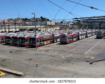 San Francisco CA AUgust 20 2020: SF Muni Busses Parked