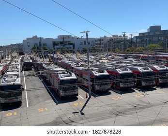 San Francisco CA AUgust 20 2020: SF Muni Busses Parked