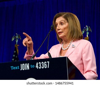 San Francisco, CA - August 23, 2019: Speaker of the House, Nancy Pelosi, speaking at the Democratic National Convention Summer Meeting in San Francisco, California.