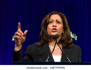 San Francisco, CA - August 23, 2019: Presidential candidate Kamala Harris speaking at the Democratic National Convention summer session in San Francisco, California.
