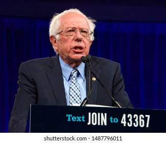 San Francisco, CA - August 23, 2019: Presidential candidate Bernie Sanders speaking at the Democratic National Convention summer session in San Francisco, California.