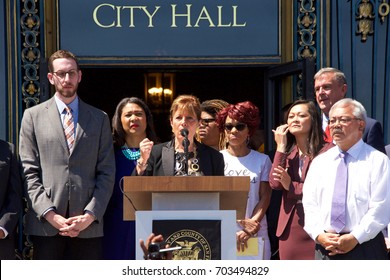 San Francisco, CA - August 25, 2017: Congress Woman Jackie Speier Speaks To The Crowd At The Unite Against Hate Rally At Civic Center In Front Of City Hall In San Francisco.