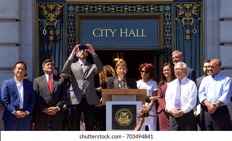 San Francisco, CA - August 25, 2017: Congress Woman Jackie Speier Speaks To The Crowd At The Unite Against Hate Rally At Civic Center In Front Of City Hall In San Francisco.