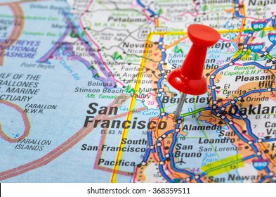 San Francisco, CA, Highlighted On A Road Map By A Red Pushpin. Shallow Deep Of Field