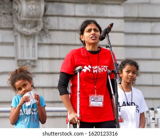 San Francisco, CA - Jan 18, 2020: President Of One Fair Wage, Saru Jayaraman, Speaking At The The Women's March Rally. Designed To Engage And Empower All People To Support Women's Rights