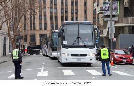 San Francisco, CA - Jan 25, 2020: Charter Buses Busing Hundreds Of Participants Into Civic Center Plaza For The 16th Annual Walk For Life Rally And March. Police Directing Traffic.